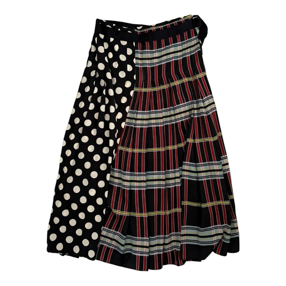Zara Multicolored Patterned Midi Skirt Pleated Sz XS Wrap Belted Polka Dot Plaid - Picture 2 of 7